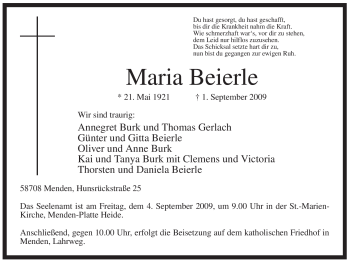 Traueranzeige von Maria Beierle von Tageszeitung