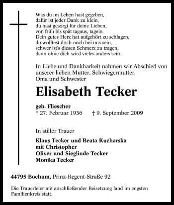 Traueranzeige von Elisabeth Tecker von Tageszeitung