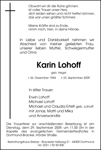Traueranzeige von Karin Lohoff von Tageszeitung
