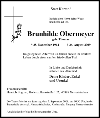 Traueranzeige von Brunhilde Obermeyer von Tageszeitung