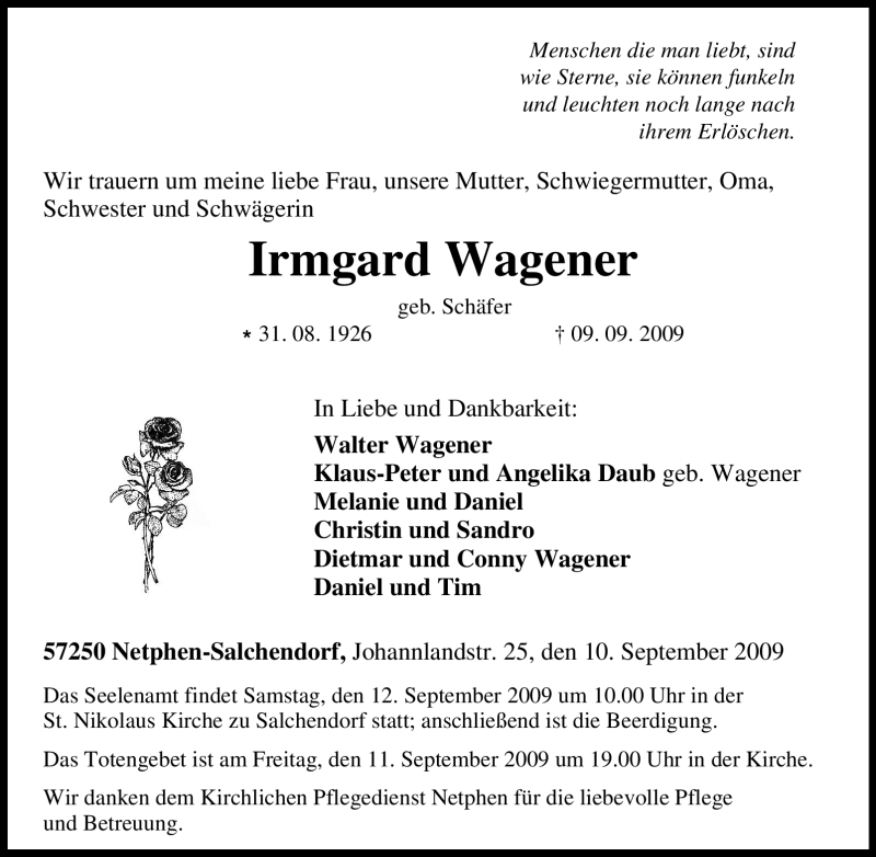 Traueranzeige für Irmgard Wagener vom 10.09.2009 aus Tageszeitung