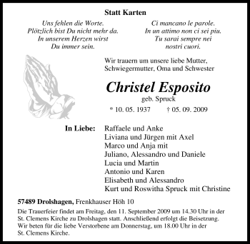 Traueranzeige von Christel Esposito von Tageszeitung