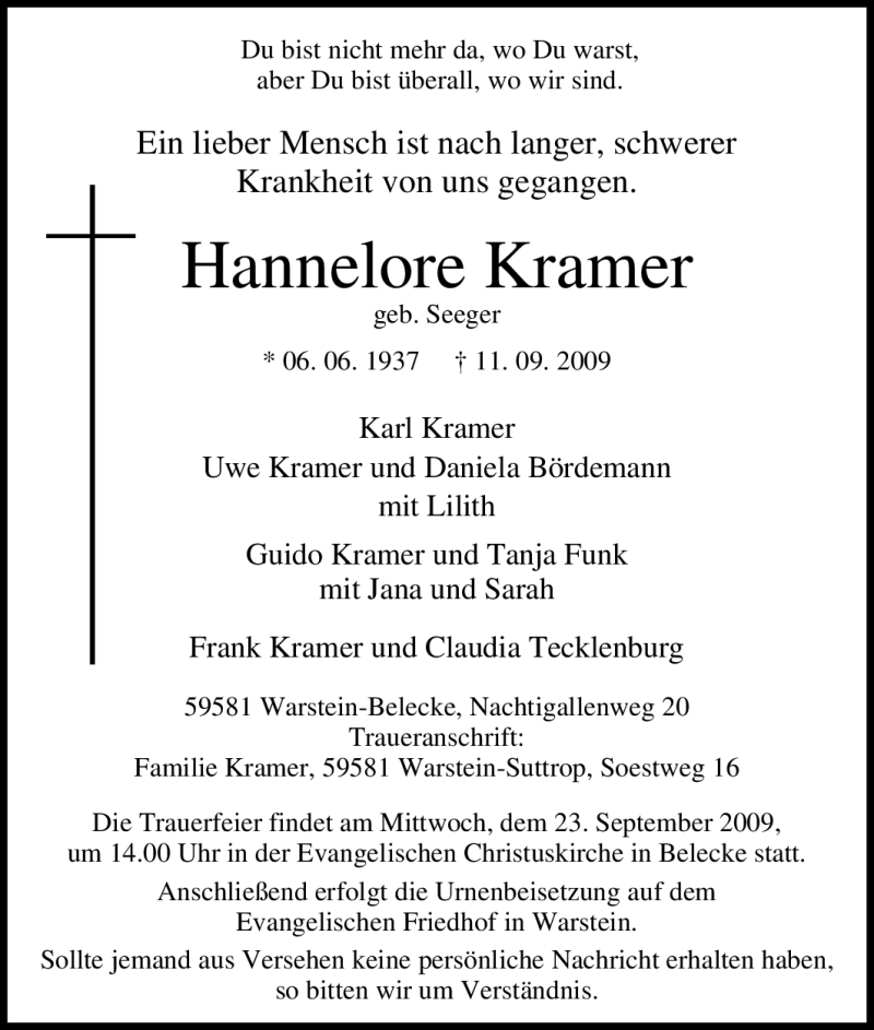  Traueranzeige für Hannelore Kramer vom 15.09.2009 aus Tageszeitung