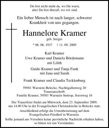 Traueranzeige von Hannelore Kramer von Tageszeitung
