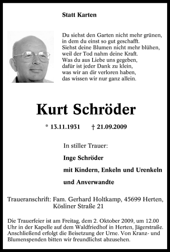 Traueranzeige von Kurt Schröder von Tageszeitung