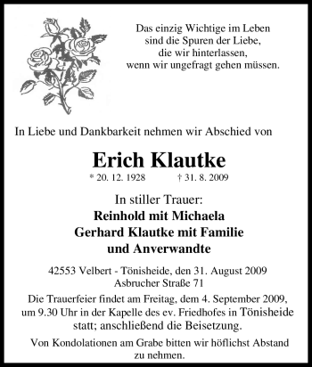 Traueranzeige von Erich Klautke von Tageszeitung