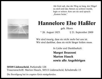 Traueranzeige von Hannelore Else Haßler von Tageszeitung