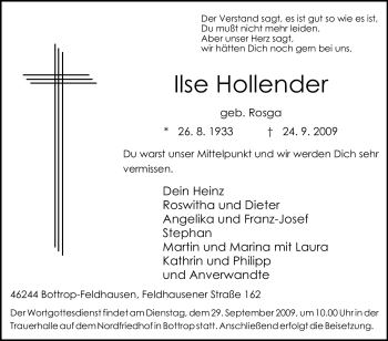 Traueranzeige von Ilse Hollender von Tageszeitung