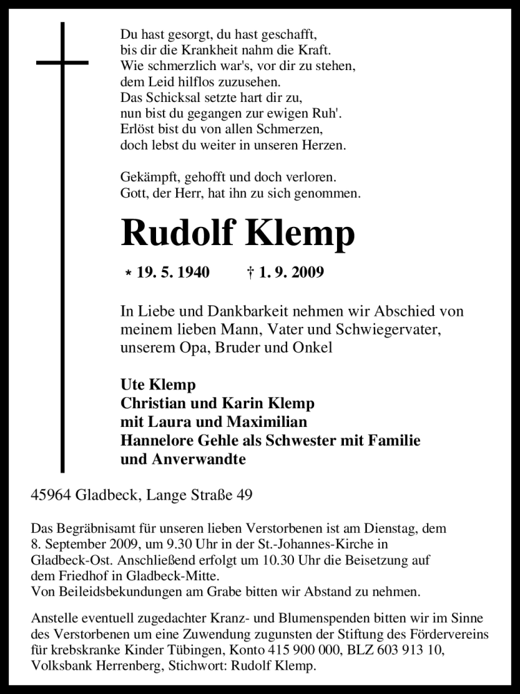 Traueranzeigen von Rudolf Klemp TrauerinNRW.de