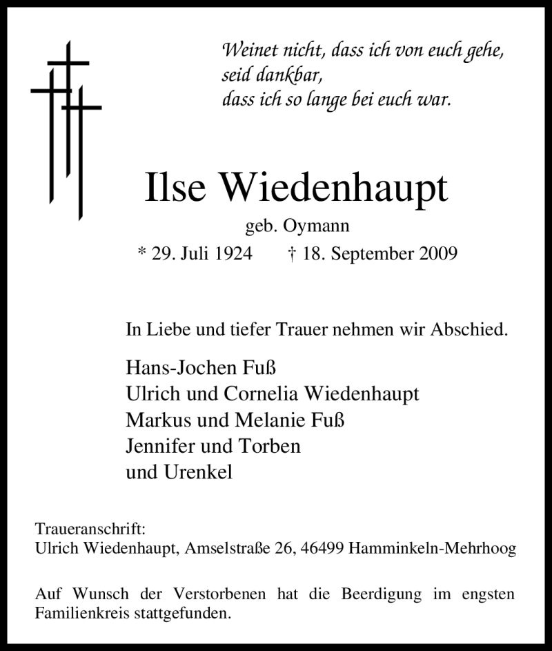  Traueranzeige für Ilse Wiedenhaupt vom 24.09.2009 aus Tageszeitung