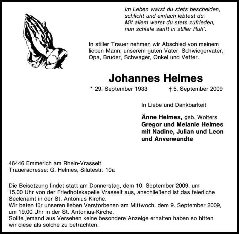  Traueranzeige für Johannes Helmes vom 07.09.2009 aus Tageszeitung