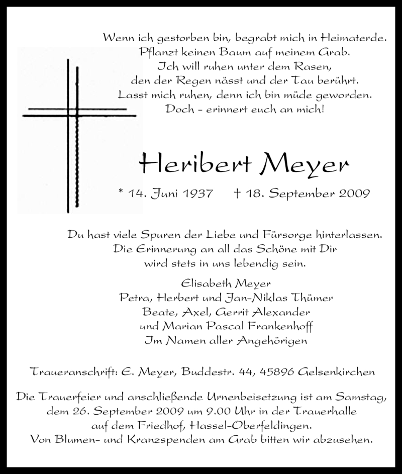  Traueranzeige für Heribert Meyer vom 22.09.2009 aus Tageszeitung