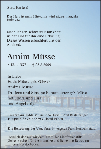 Traueranzeige von Arnim Müsse von Tageszeitung
