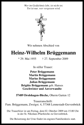 Traueranzeige von Heinz-Wilhelm Brüggemann von Tageszeitung