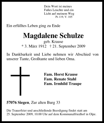 Traueranzeige von Magdalene Schulze von Tageszeitung