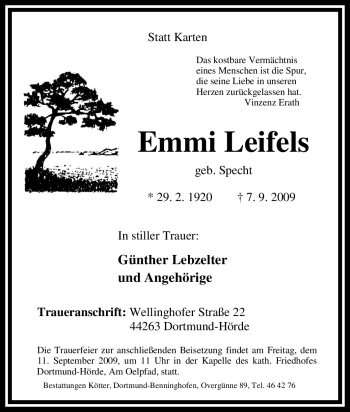 Traueranzeige von Emmi Leifels von Tageszeitung
