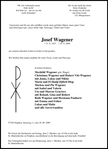 Traueranzeige von Josef Wagener von Tageszeitung