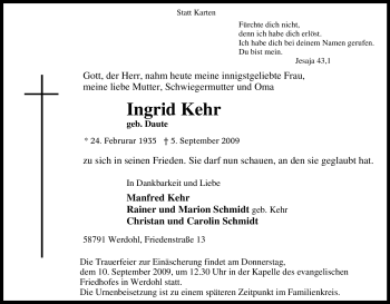 Traueranzeige von Ingrid Kehr von Tageszeitung