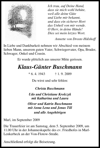 Traueranzeige von Klaus-Günter Buschmann von Tageszeitung