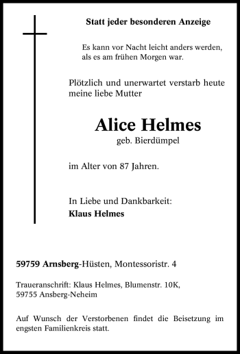 Traueranzeige von Alice Helmes von Tageszeitung