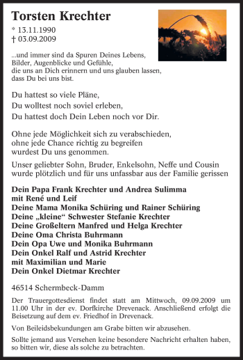 Traueranzeige von Torsten Krechter von Tageszeitung