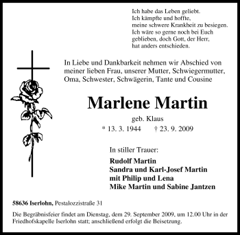 Traueranzeige von Marlene Martin von Tageszeitung