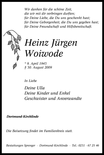 Traueranzeige von Heinz Jürgen Woiwode von Tageszeitung