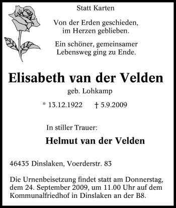 Traueranzeige von Elisabeth van der Velden von Tageszeitung