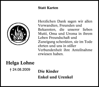 Traueranzeige von Helga Lohne von Tageszeitung