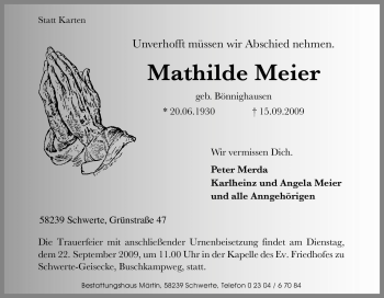 Traueranzeige von Mathilde Meier von Tageszeitung