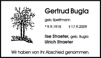 Traueranzeige von Gertrud Bugla von Tageszeitung