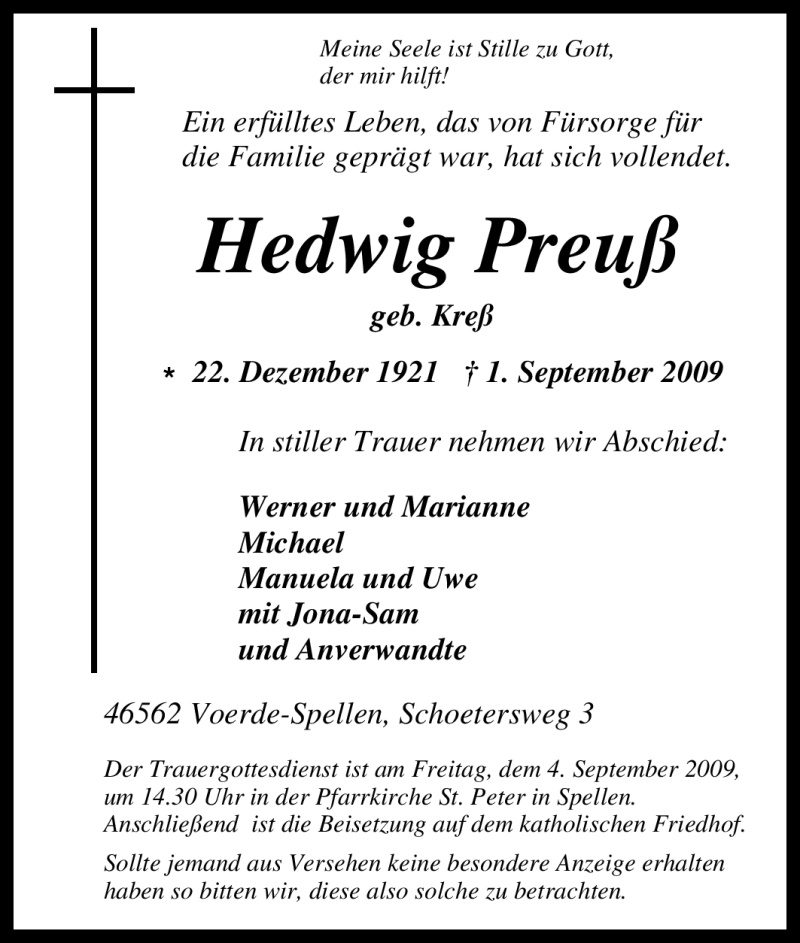  Traueranzeige für Hedwig Preuß vom 02.09.2009 aus Tageszeitung