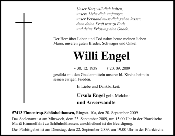 Traueranzeige von Willi Engel von Tageszeitung