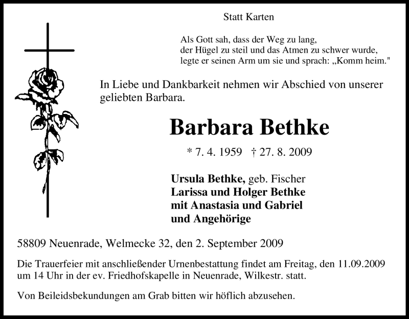  Traueranzeige für Barbara Bethke vom 02.09.2009 aus Tageszeitung