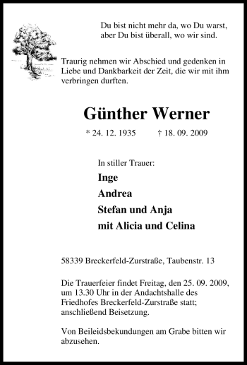 Traueranzeige von Günther Werner von Tageszeitung