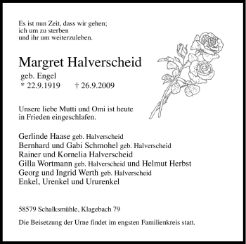Traueranzeige von Margret Halverscheid von Tageszeitung