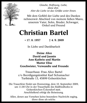 Traueranzeige von Christian Bartel von Tageszeitung