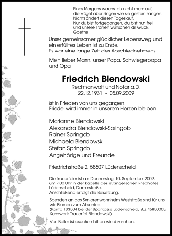 Traueranzeige von Friedrich Blendowski von Tageszeitung