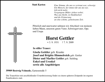 Traueranzeige von Horst Gettler von Tageszeitung