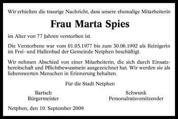 Traueranzeige von Marta Spies von Tageszeitung