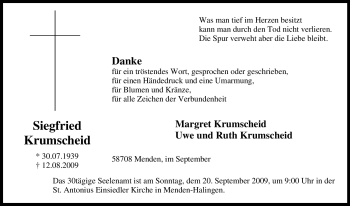 Traueranzeige von Siegfried Krumscheid von Tageszeitung