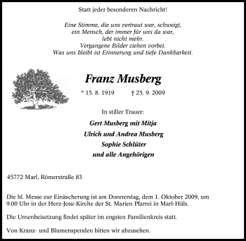 Traueranzeige von Franz Musberg von Tageszeitung