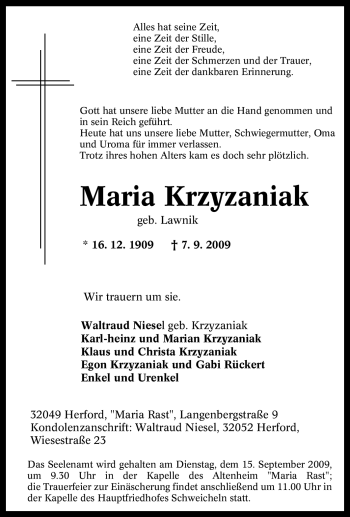 Traueranzeige von Maria Krzyzaniak von Tageszeitung