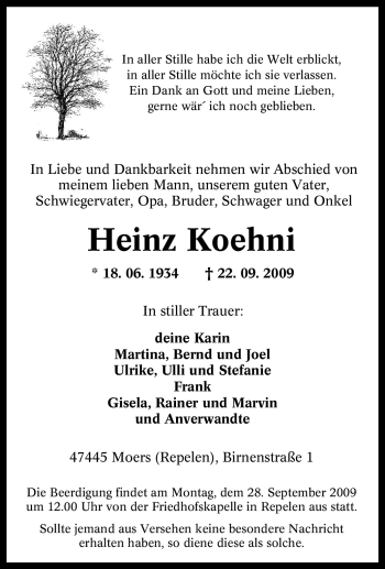 Traueranzeige von Heinz Koehni von Tageszeitung