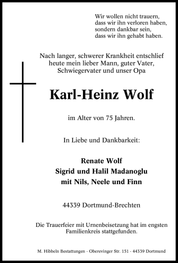 Traueranzeige von Karl-Heinz Wolf von Tageszeitung