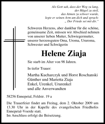 Traueranzeige von Helene Ziaja von Tageszeitung