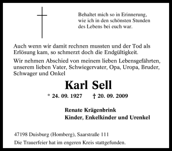 Traueranzeige von Karl Sell von Tageszeitung