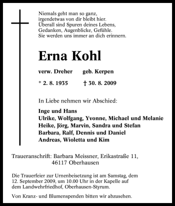 Traueranzeige von Erna Kohl von Tageszeitung