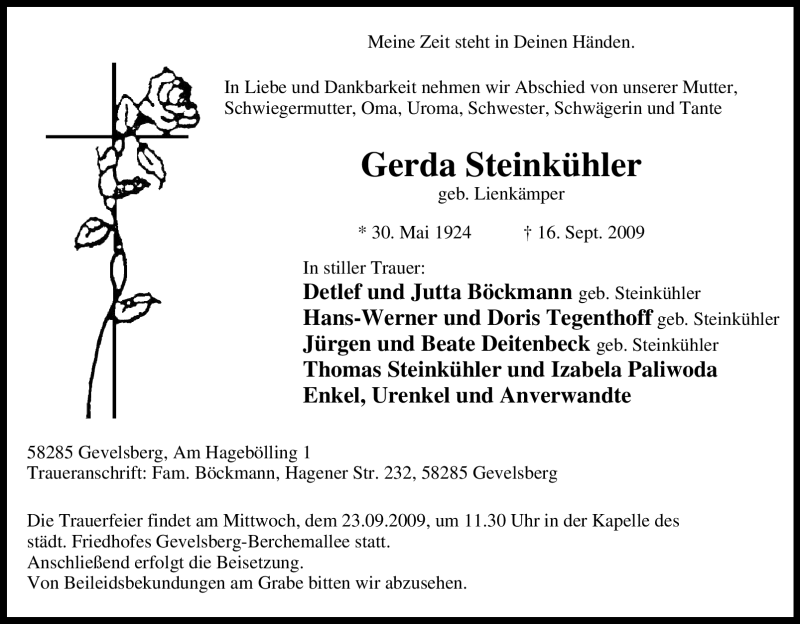 Traueranzeigen von Gerda Steinkühler | Trauer-in-NRW.de