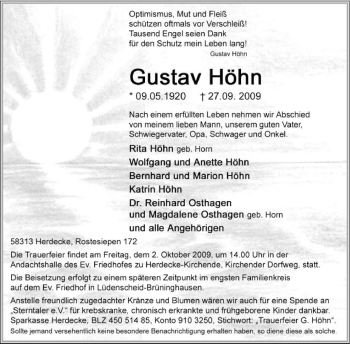 Traueranzeige von Gustav Höhn von Tageszeitung